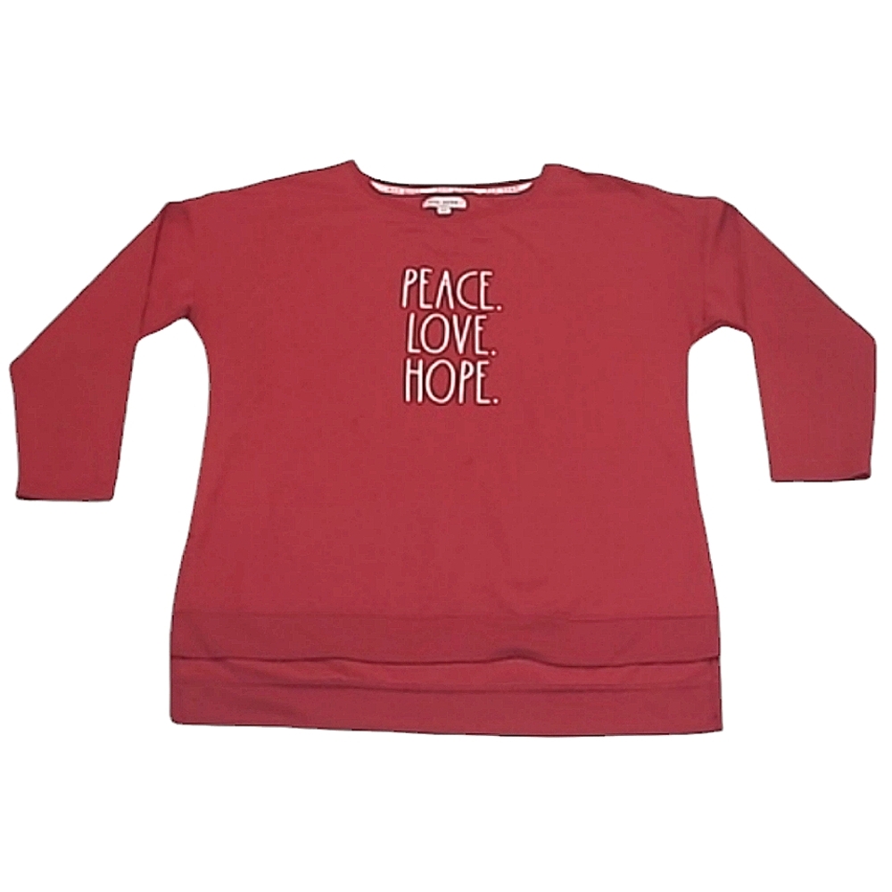 Rae Dunn Holiday Sweatshirt Pullover Christmas Top Ribbed Hem Peace Love Hope